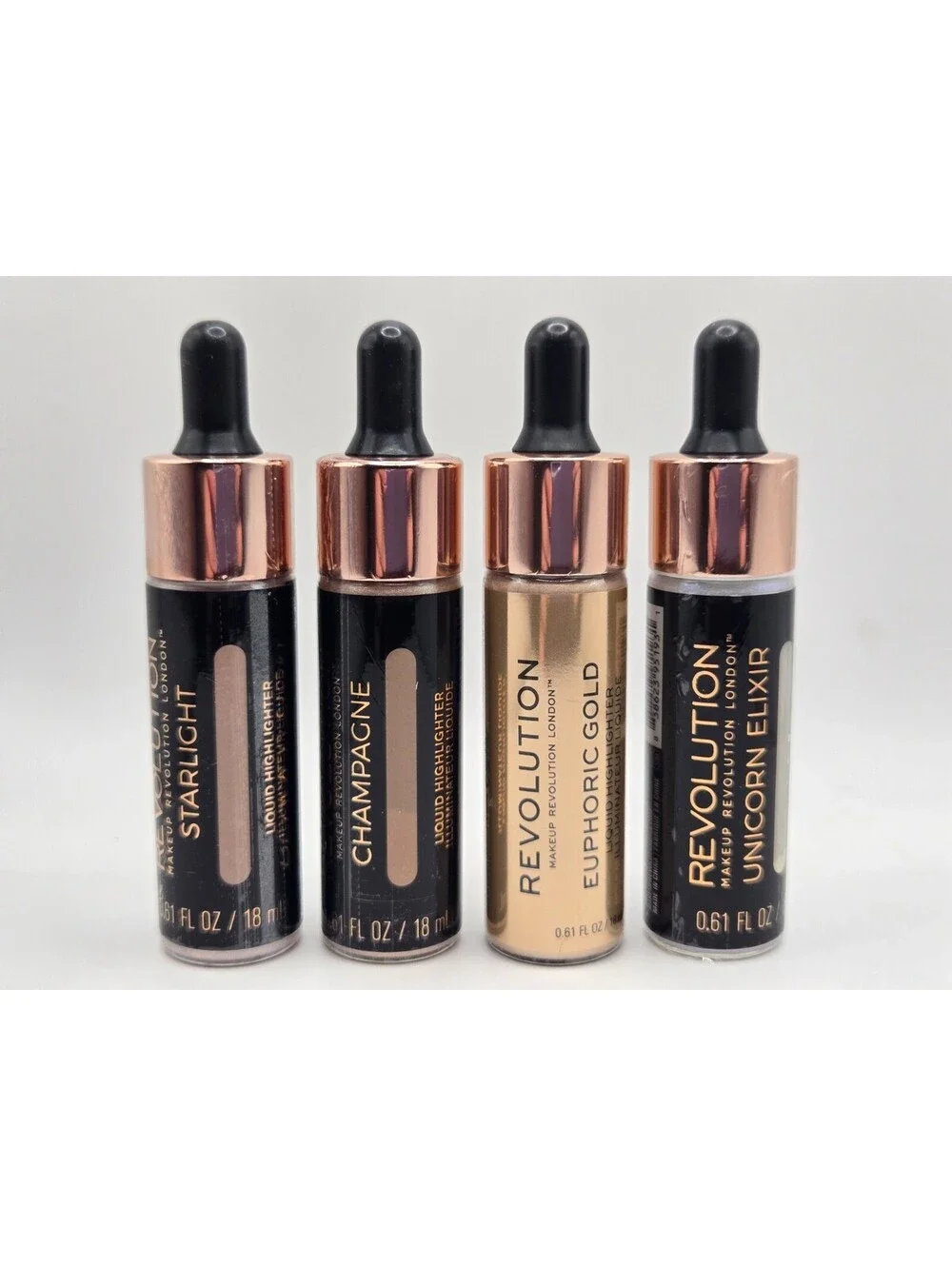 Makeup Revolution Liquid Highlighter Lot of 4 Starlight Champagne Euphoric Gold